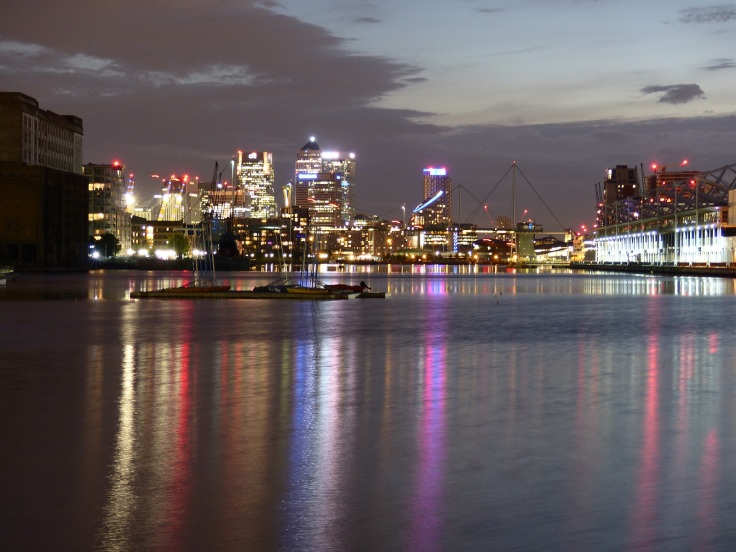 Silvertown Royal Victoria view of Canary Warf London by night